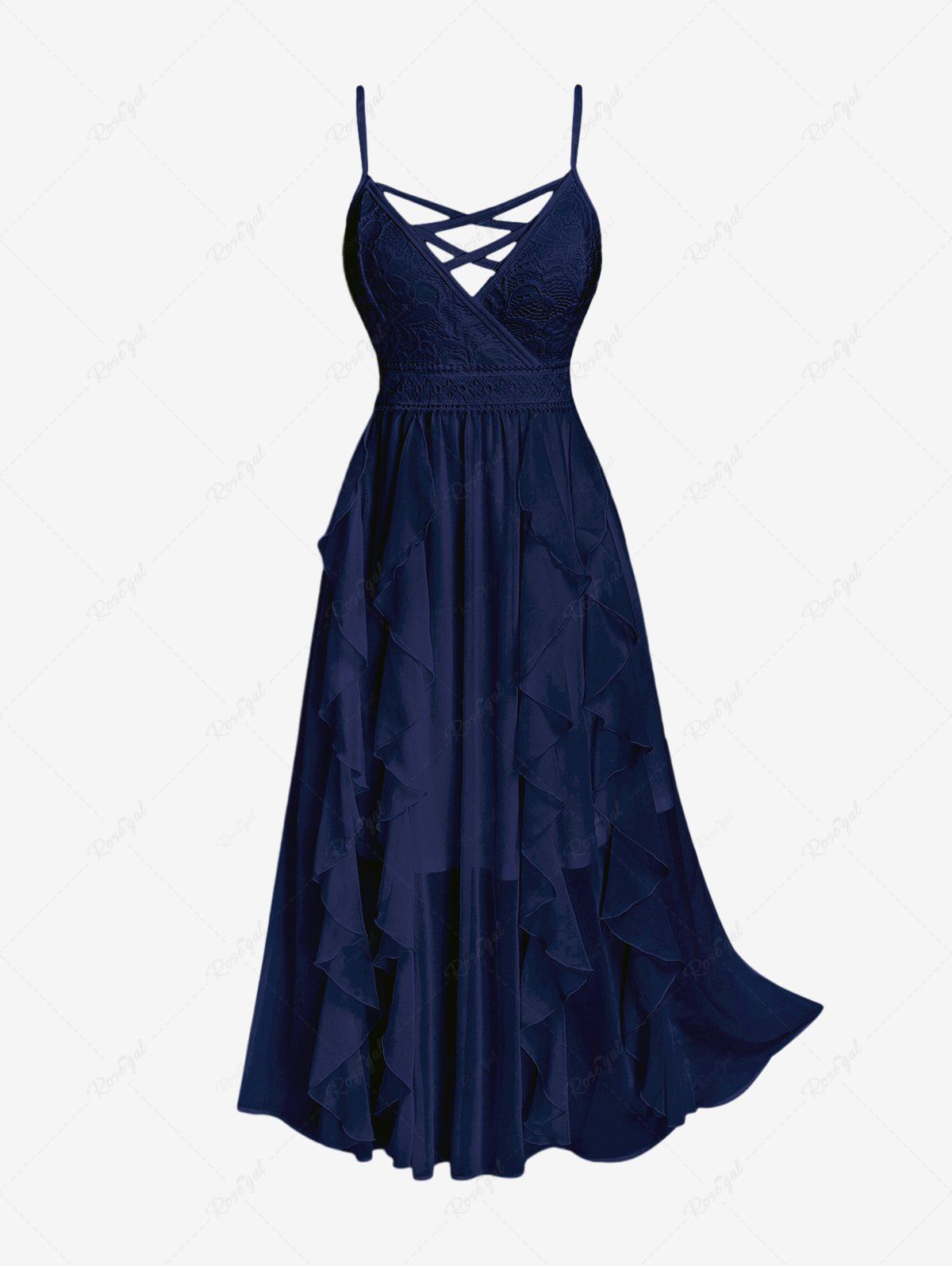Sale Plus Size Lace and Chiffon Ruffled Crisscross Maxi Sleeveless Wedding Dress  