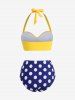 Plus Size Halter Polka Dot Print Ruched Tankini Swimsuit -  