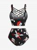 Plus Size Halloween Costume Skulls Skeleton Pirate Print Lattice Crisscross Tankini Swimsuit -  