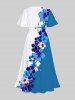 Plus Size Colorblock Tripical Hibiscus Flower Print Split Hawaii Midi Dress -  