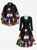 Plus Size Christmas Snowman Flower Wreath Snowflake Print A Line Dress With A Belt -  