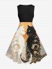 Plus Size Two Tone Cats Sea Waves Print Vintage Swing A Line Dress -  