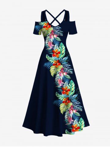 Plus Size Tropical Leaf Hibiscus Flowers Print Cold Shoulder Crisscross Hawaii Maxi Dress - BLACK - 6X