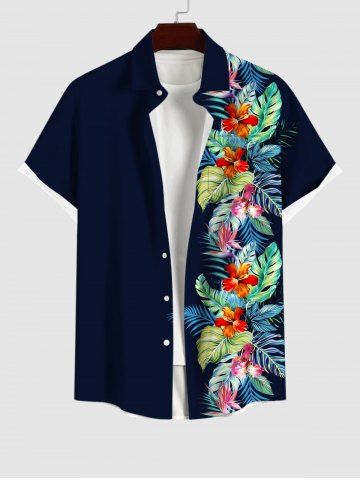 Plus Size Tropical Leaf Hibiscus Flowers Print Buttons Pocket Hawaii Shirt For Men - BLACK - S