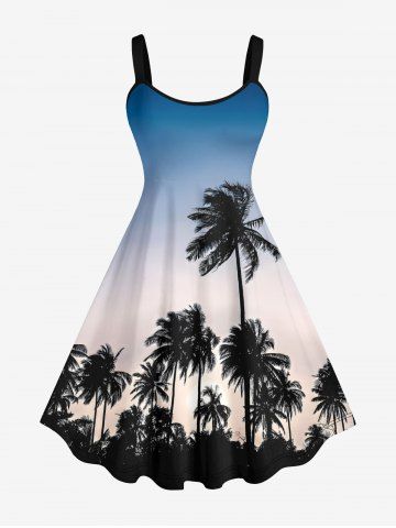 Plus Size Coconut Tree Ombre Colorblock Print Hawaii Tank Dress