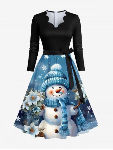 Plus Size Christmas Flowers Pine Nuts Snowman Snowflake Print A Line Dress With A Belt - MULTI-A - 7XL