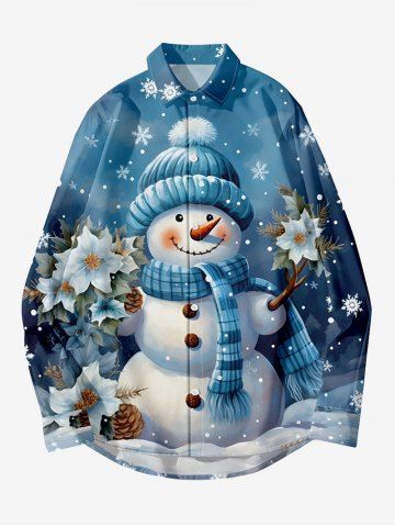 Plus Size Christmas Flowers Pine Nuts Snowman Snowflake Print Buttons Pocket Long Sleeve Shirt For Men - BLUE - 6XL