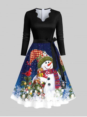 Plus Size Christmas Tree Ball Snowman Snowflake Owl Print A Line Dress With A Belt - BLACK - 7XL