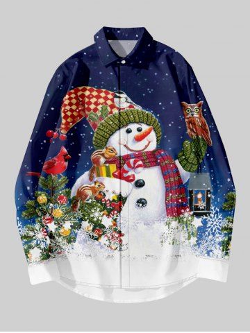 Plus Size Christmas Tree Owl Candle Snowman Snowflake Colorblock Print Buttons Pocket Long Sleeve Shirt For Men - BLUE - 6XL