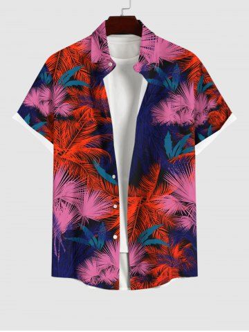 Plus Size Coconut Tree Tropical Leaf Print Hawaii Button Pocket Shirt For Men - RED - M