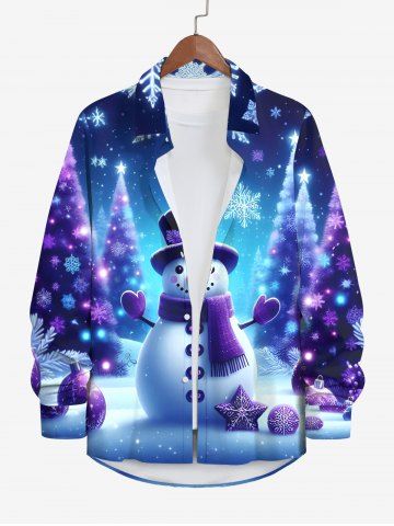 Chemise Manches Longues Ombré à Imprimé Bonhomme de Neige et Sapin de Noël Brillant Grande-Taille pour Hommes - BLUE - 6XL