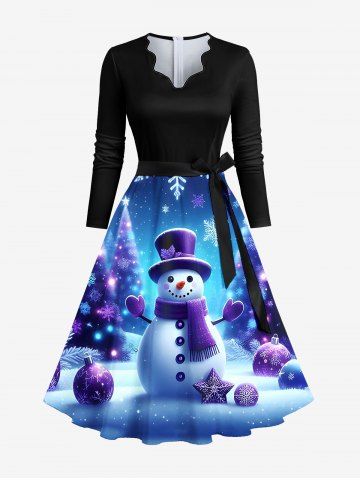 Robe Ligne A Sapin de Noël Bonhomme de Neige Boule Imprimés de Grande Taille à Paillettes avec Ceinture - MULTI-A - 2XL