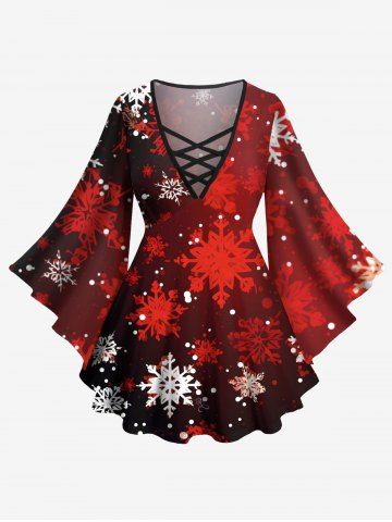 Plus Size Christmas Snowflake Print Ombre Lattice Long Sleeves T-shirt - RED - 1X