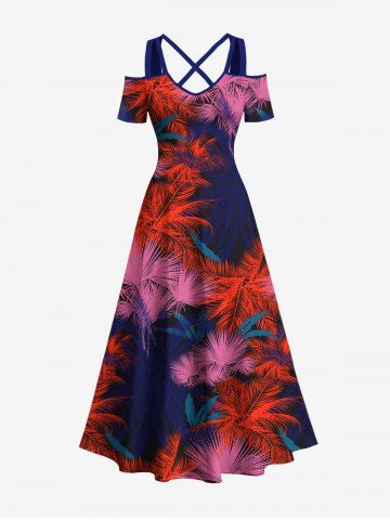 Plus Size Coconut Tree Tropical Leaf Print Hawaii Crisscross A Line Maxi Dress - RED - 2X