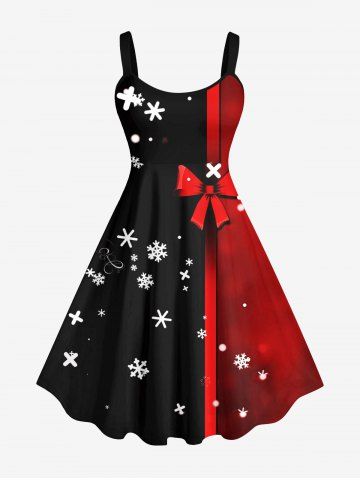 Plus Size Bowknot Striped Snowflake Print Christmas A Line Tank Dress - BLACK - M