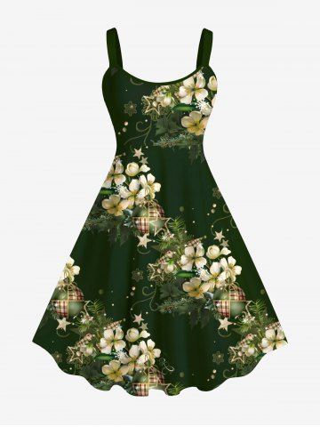 Plus Size Christmas Ball Floral Stars Galaxy Print A Line Tank Dress - GREEN - S