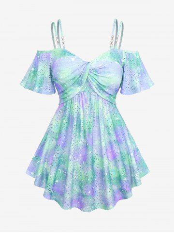 Plus Size Ombre Tie Dye Galaxy Moon Star Print Twist Chains Hollow Out Cold Shoulder Top - LIGHT GREEN - 3X | US 22-24