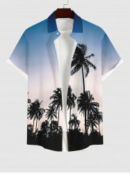 Plus Size Coconut Tree Ombre Colorblock Print Buttons Pocket Hawaii Shirt For Men -  