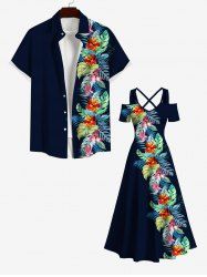 Tenue de Plage Hawaiien Imprimé Fleurs et Feuilles Tropicales Grande Taille pour Couples - Noir 