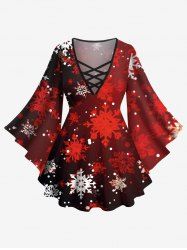 Plus Size Christmas Snowflake Print Ombre Lattice Long Sleeves T-shirt -  
