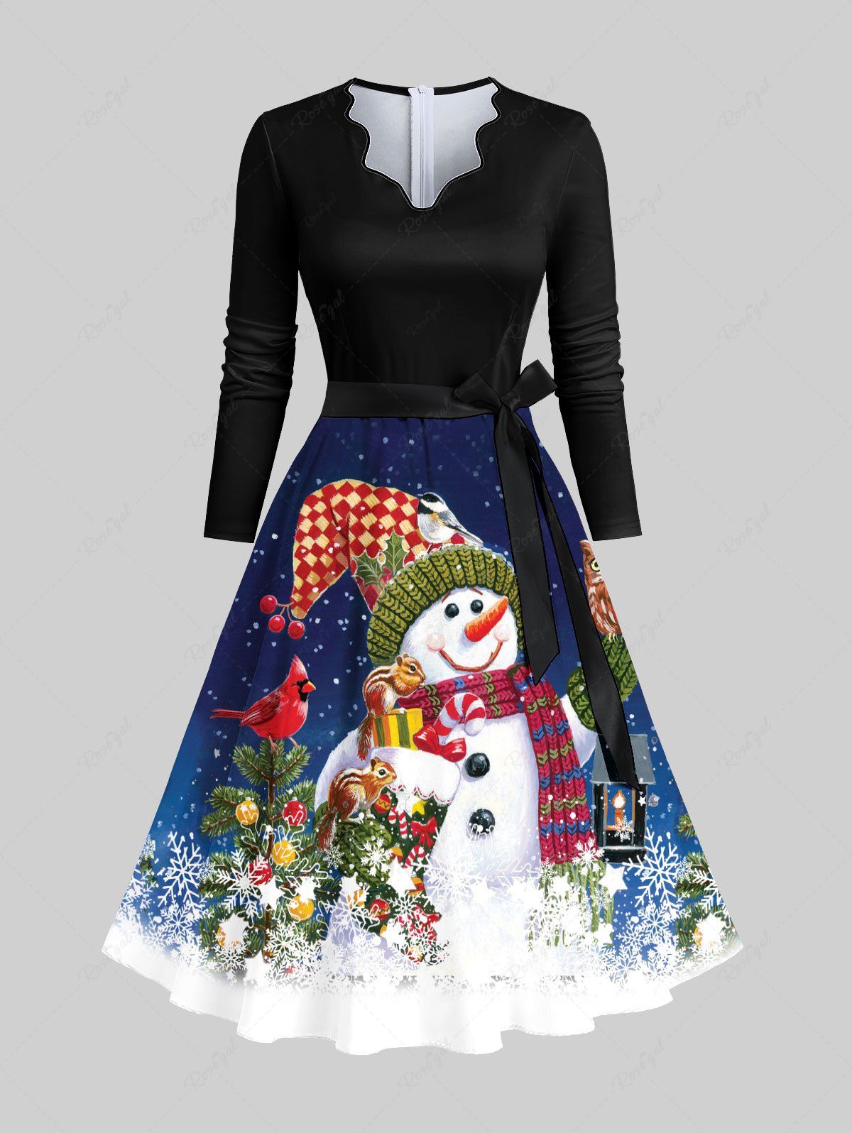 Fashion Plus Size Christmas Tree Ball Snowman Snowflake Owl Print A Line Dress With A Belt  