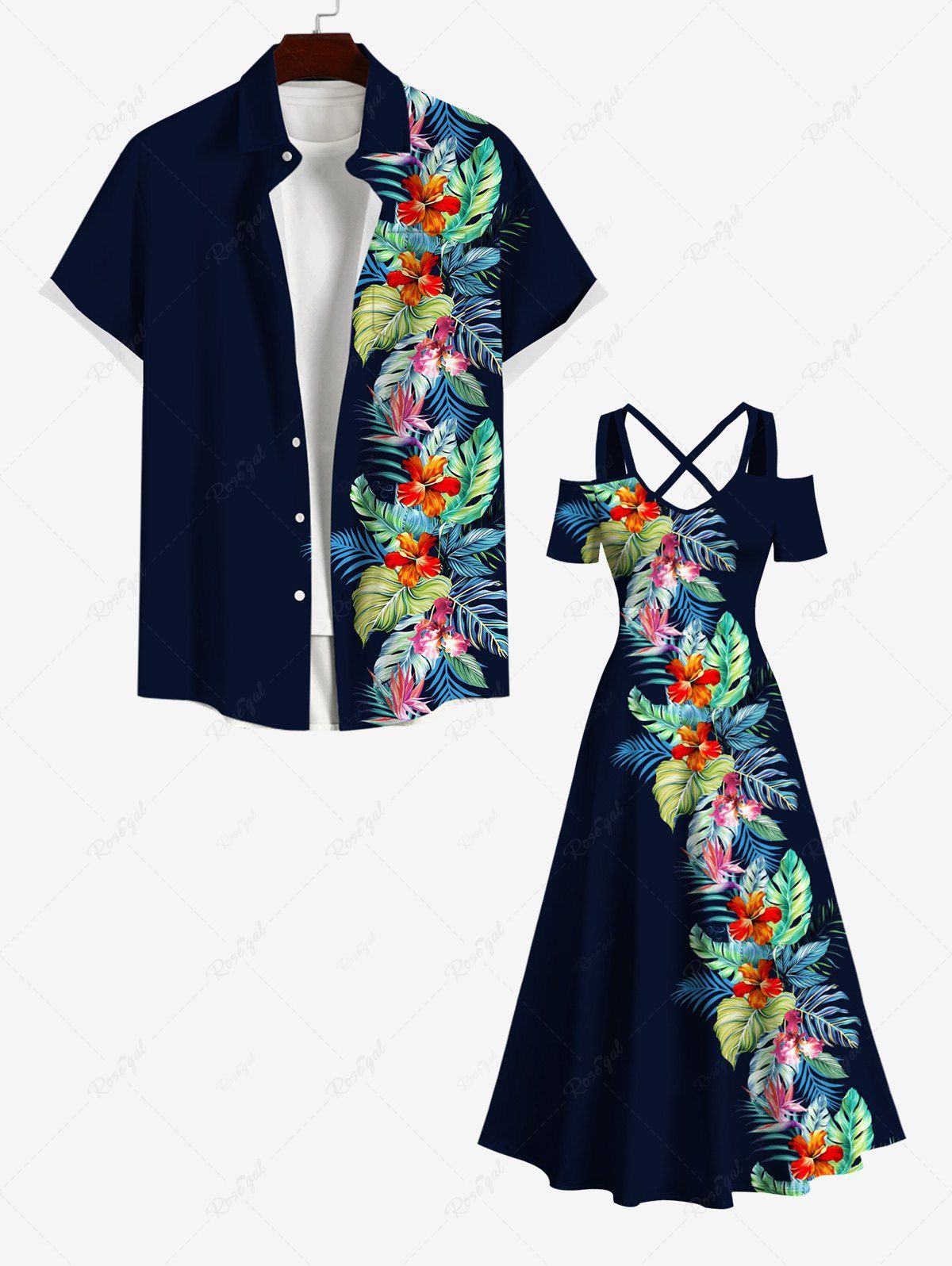 Tenue de Plage Hawaiien Imprimé Fleurs et Feuilles Tropicales Grande Taille pour Couples Noir 