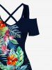 Tenue de Plage Hawaiien Imprimé Fleurs et Feuilles Tropicales Grande Taille pour Couples - Noir 
