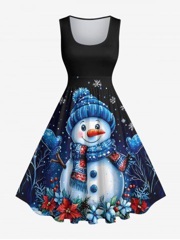 Plus Size Christmas Snowman Snowflake Holy Fruit Leaf Print 1950s Vintage Dress - BLACK - L