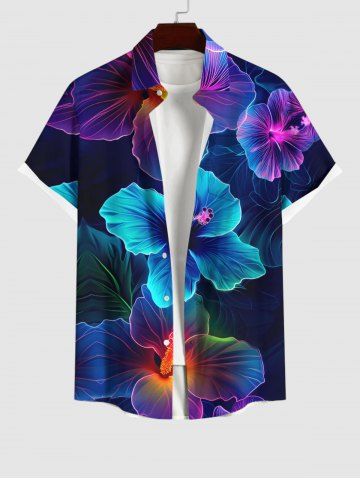 Plus Size Colorful Glitter Hibiscus Flower Print Buttons Pocket Hawaii Shirt For Men - MULTI-A - XL