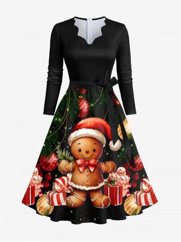 Plus Size Christmas Ball Light Gift Box Gingerbread Man Print Dress With A Belt - BLACK - 2XL