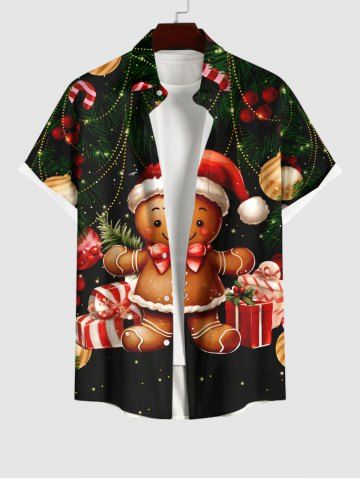 Plus Size Christmas Ball Light Gift Box Gingerbread Man Print Buttons Pocket Shirt For Men - MULTI-A - L