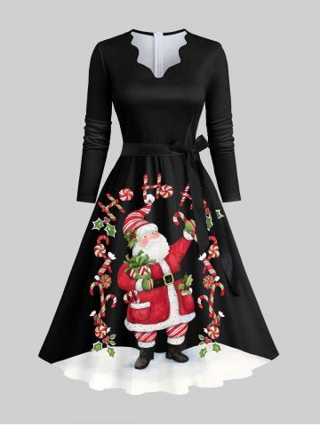 Plus Size Christmas Santa Claus Holy Fruit Leaf Candy Colorblock Print Scalloped Trim V Neck Dress With A Belt - BLACK - 2XL