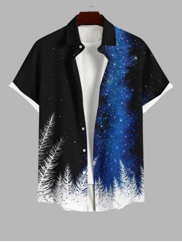 Plus Size Glitter Galaxy Grass Print Hawaii Button Pocket Shirt For Men - BLACK - S