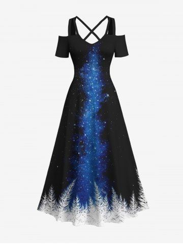 Maxi Robe Hawaïen Ligne A Croisée Galaxie Herbe Imprimée de Grande Taille à Paillettes - BLUE - S