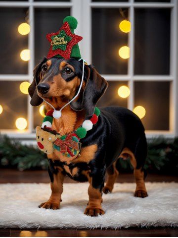Pet's Christmas Elk Bowknot Colorful Fur Ball Collar and Sparkling Glitter Star Hat Set - MULTI-A - M