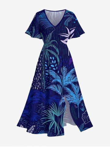 Plus Size Coconut Tree Tropical Leaves Print Hawaii Ombre Split Pocket A Line Midi Dress - BLUE - XS