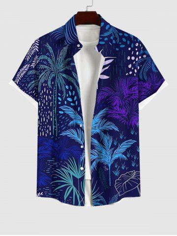 Plus Size Coconut Tree Tropical Leaves Print Hawaii Ombre Button Pocket Shirt For Men - DEEP BLUE - 2XL