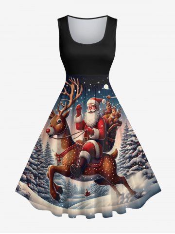 Plus Size Christmas Elk Santa Claus Tree Forest Snowflake Print Ombre Vintage Swing A Line Dress - BLACK - L