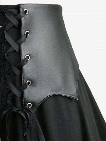 Plus Size Scalloped Lace Trim PU Panel Zipper Cross Lace-up A Line Skirt