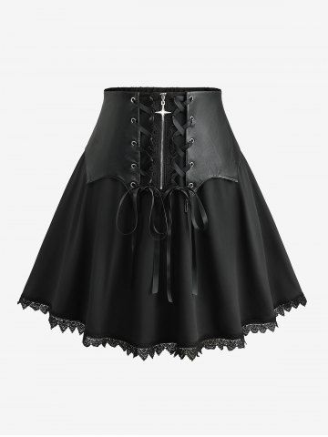 Plus Size Scalloped Lace Trim PU Panel Zipper Cross Lace-up A Line Skirt