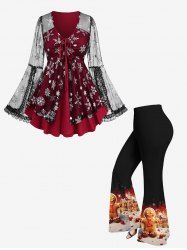 Christmas Snowflake Gingerbread Colorblock Print Lace Trim Sheer Mesh T-shirt and Flare Pants Plus Size Outfit -  