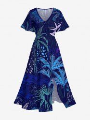 Robe Mi-Longue Longueur de Genou Feuille Tropicale et Ligne A de Grande Taille avec Poche - Bleu 5X
