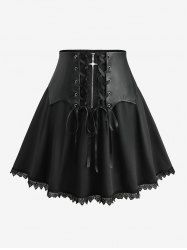 Plus Size Scalloped Lace Trim PU Panel Zipper Cross Lace-up A Line Skirt -  
