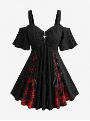 Plus Size Cold Shoulder Plaid Print Lace Up Cross Zipper Hollow Out Jacquard Ribbed Top -  