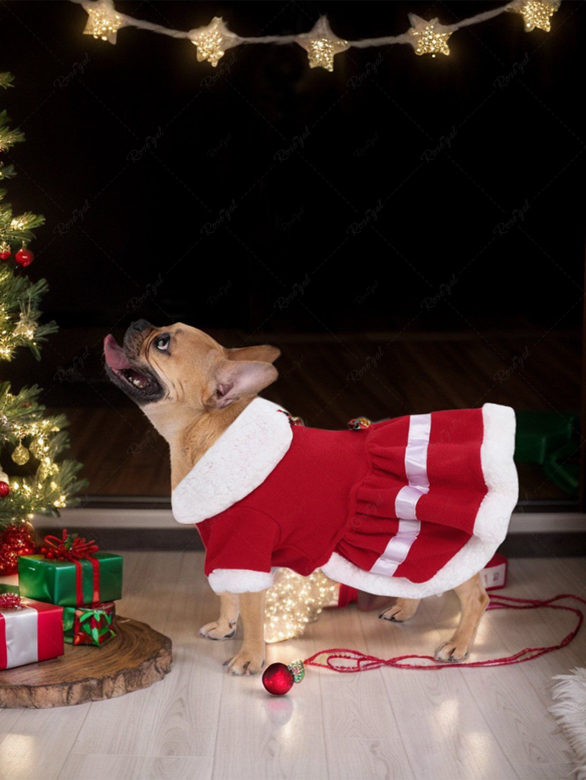 Trendy Pet's Christmas Bowknot Bell Holly Contrast Fur Piping Striped Buttons Turn-down Dress  