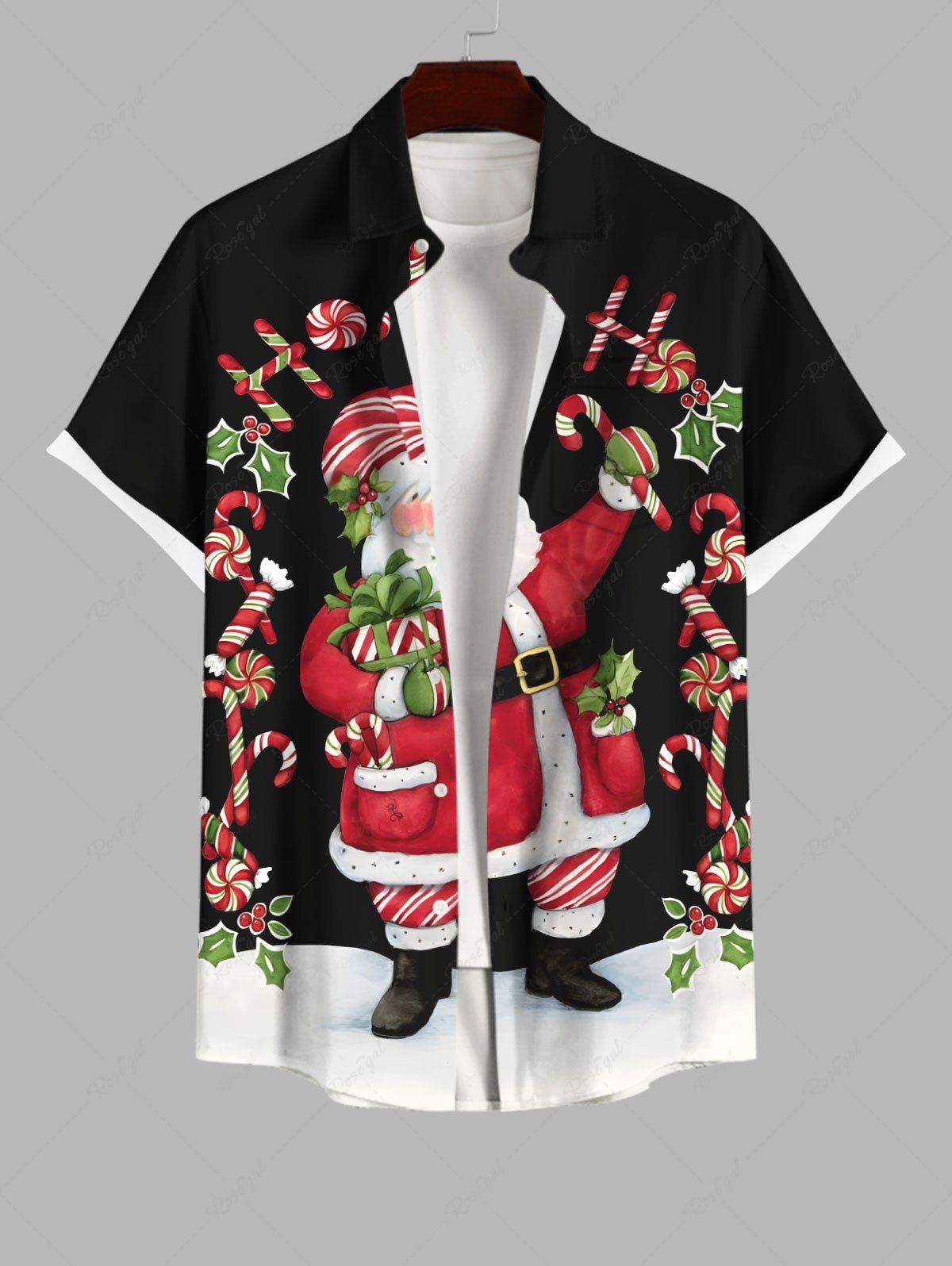 Chemise Bonbon Feuille et Père Noël Imprimés en Blocs de Couleurs avec Poche de Grande Taille Noir 3XL