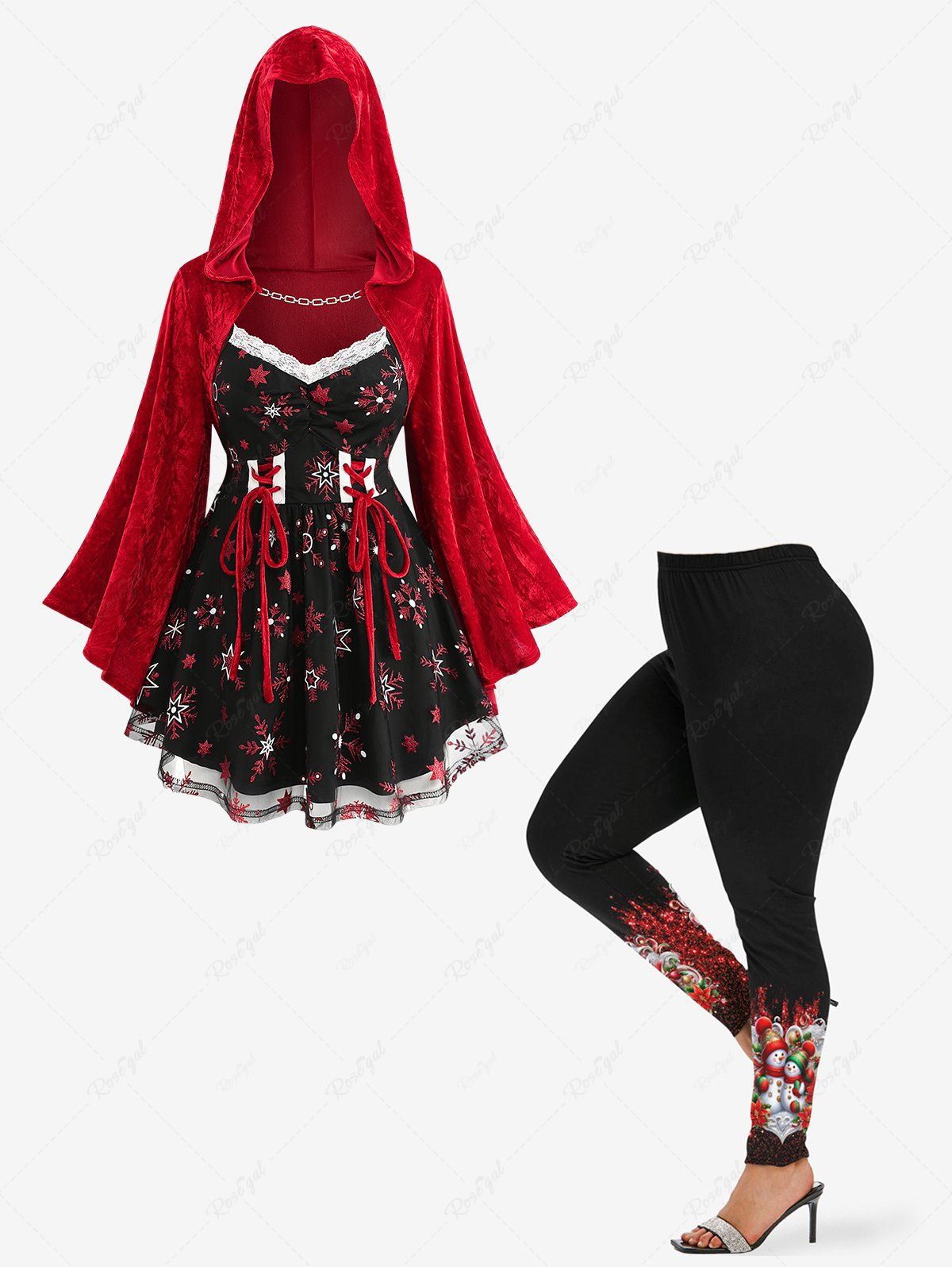 Hot Christmas Lace Up Snowflake Print Hooded T-shirt and Snowman Sparkling Sequin Glitter 3D Print Leggings Plus Size Outfit  