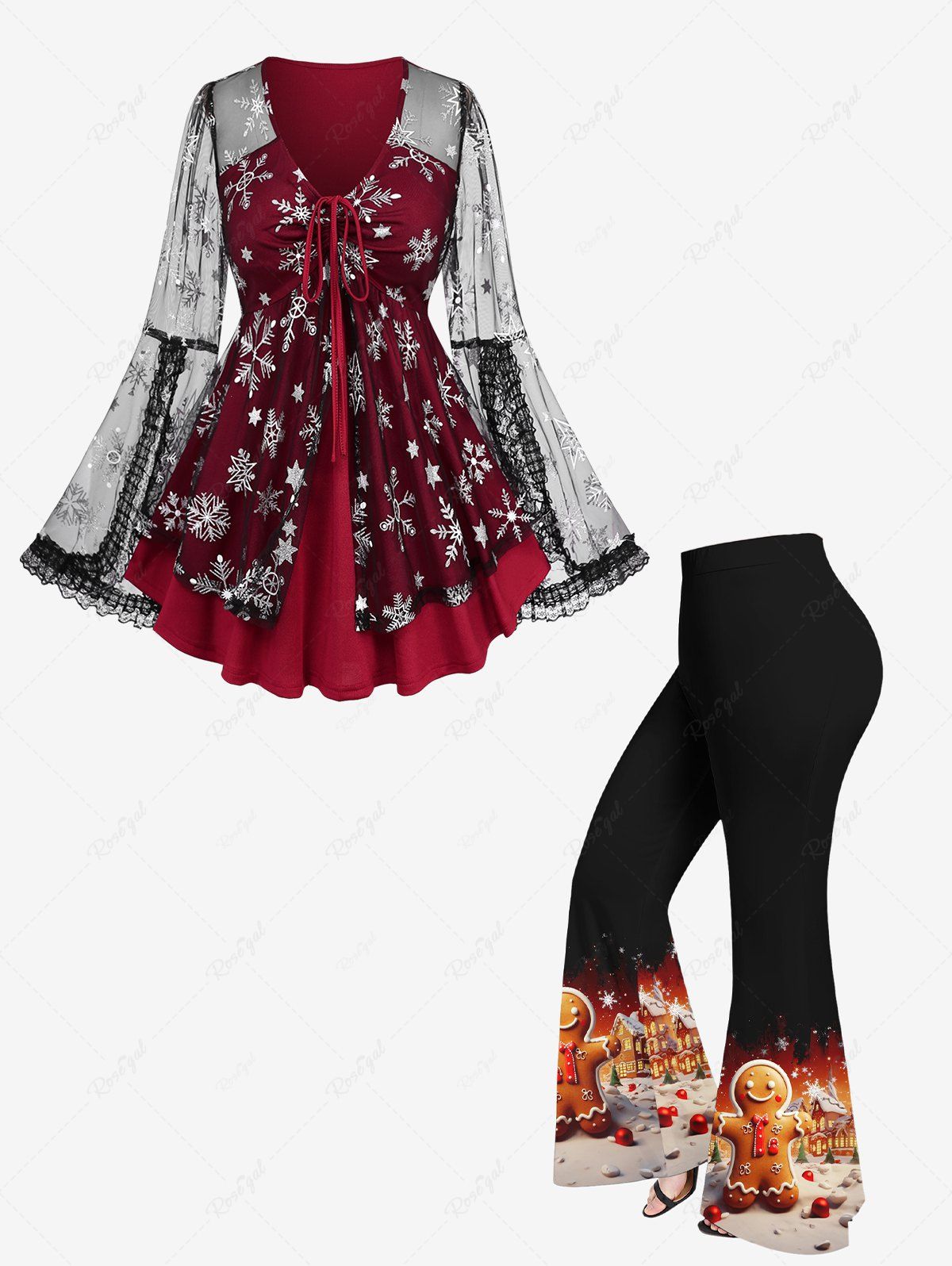 Buy Christmas Snowflake Gingerbread Colorblock Print Lace Trim Sheer Mesh T-shirt and Flare Pants Plus Size Outfit  