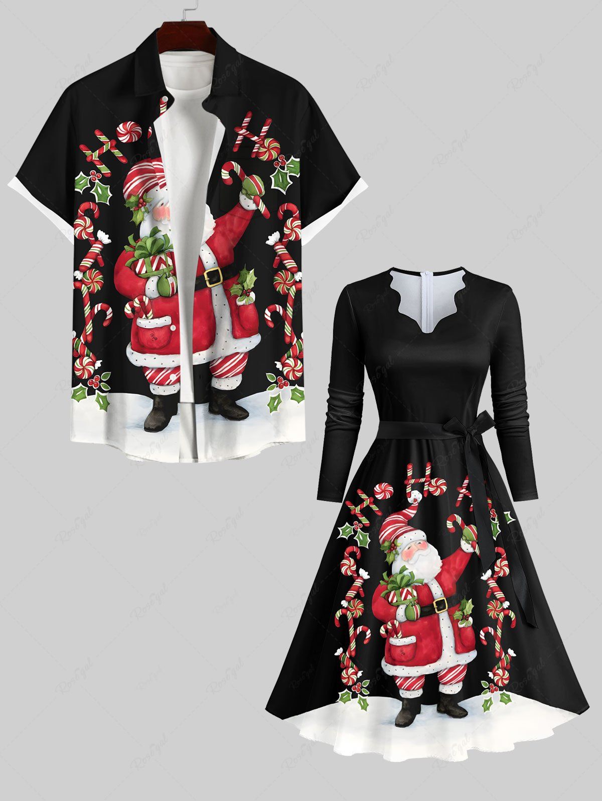 Tenue Trapèze à Imprimé Notes de Musique et Père Noël Grande-Taille en Blocs de Couleurs pour Couples Noir 