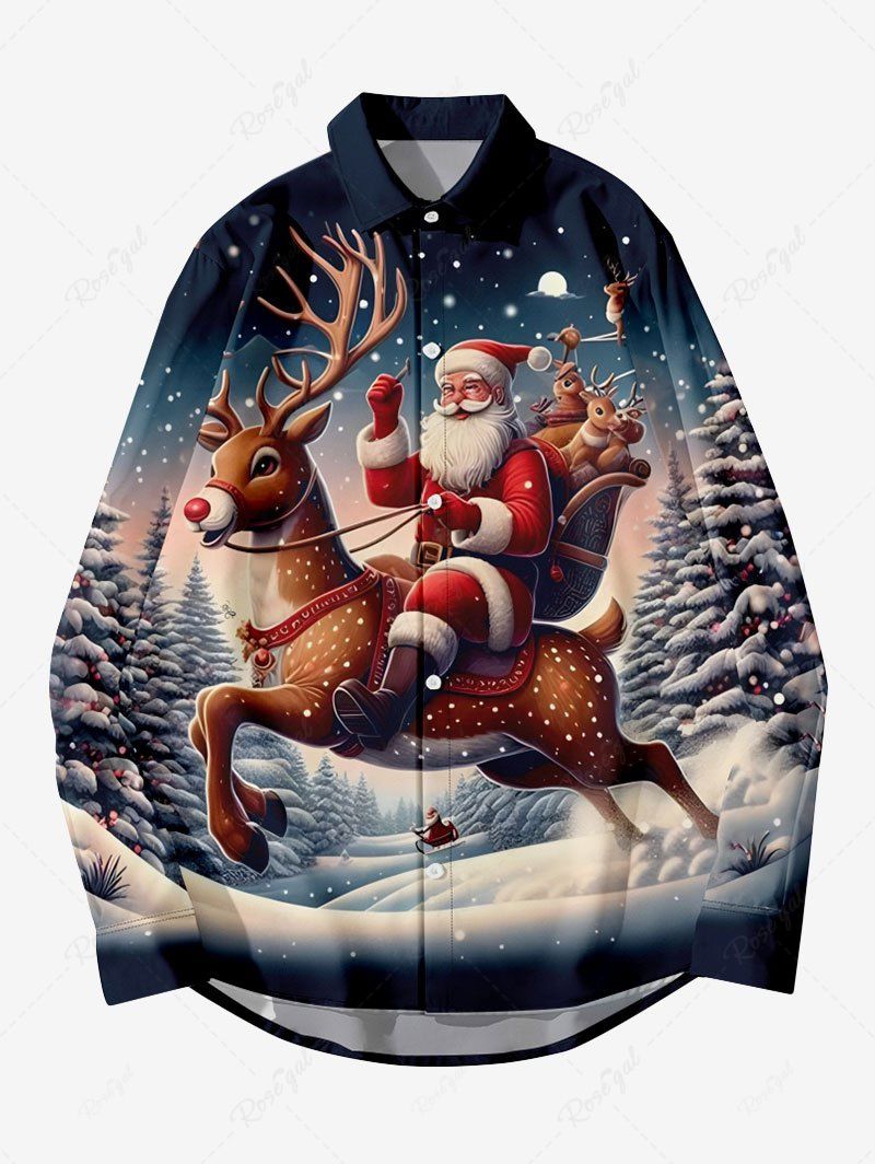 Store Plus Size Christmas Elk Santa Claus Tree Forest Snowflake Print Ombre Button Long Sleeves Shirt For Men  